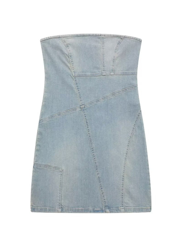 Temperament sexy patchwork denim tube top dress kakaclo