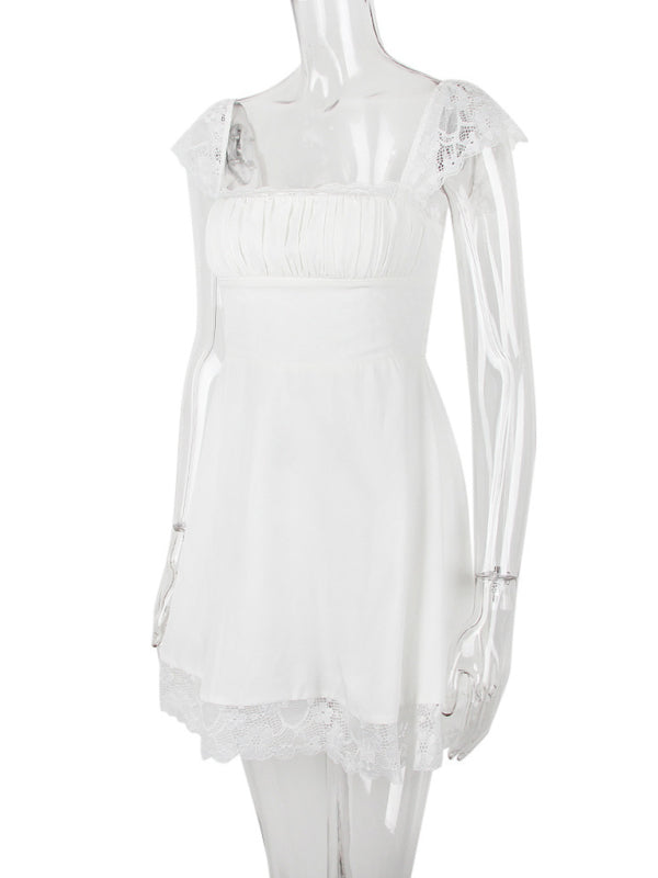 Blue Zone Planet |  Lace Square Neck Slip Dress Slim Backless White French Dress kakaclo