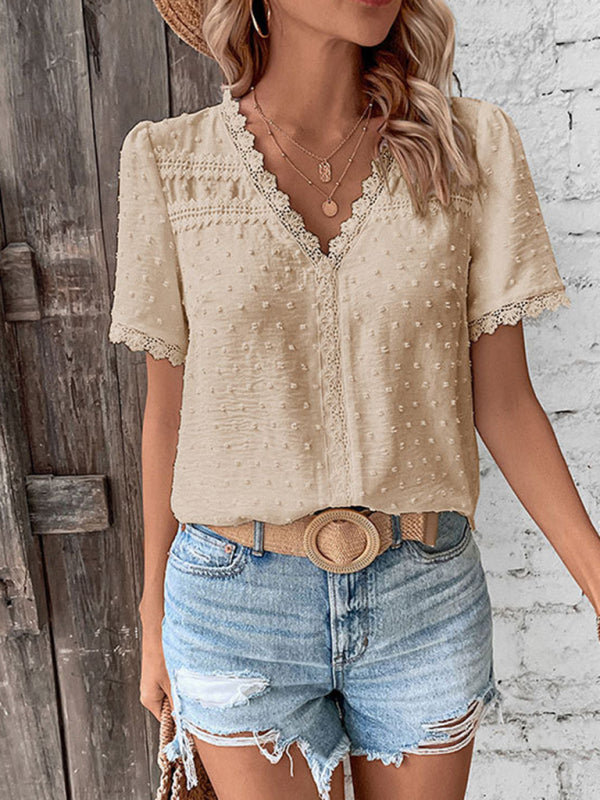 Blue Zone Planet |  V-neck neckline lace panel elegant blouse kakaclo