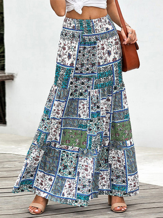 Bohemian Ethnic Style High Waist Thin A-Line Flared Skirt BLUE ZONE PLANET
