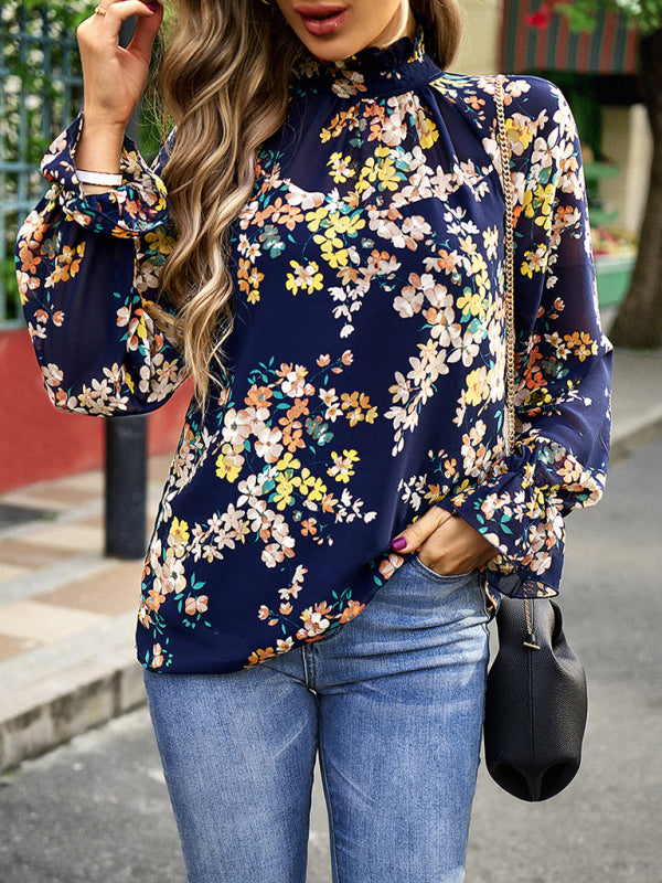 Elegant commuter plant print stitching ruffled shirt BLUE ZONE PLANET