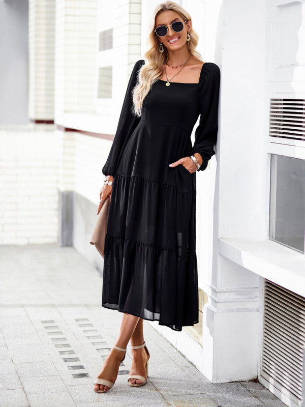Elegant and elegant multi-layer long skirt with square collar kakaclo