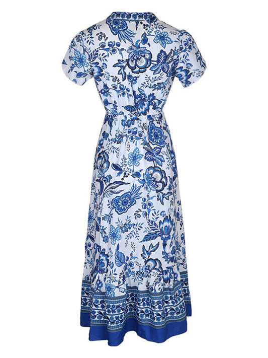 Blue Printed Slim Dress-TOPS / DRESSES-[Adult]-[Female]-Blue-S-2022 Online Blue Zone Planet