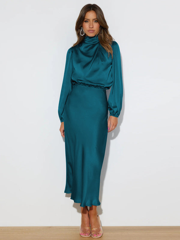 Elegant elegant women's satin long sleeve loose dress-TOPS / DRESSES-[Adult]-[Female]-2022 Online Blue Zone Planet