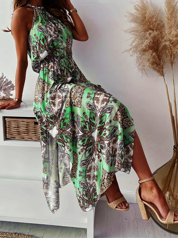 Blue Zone Planet |  Bohemian print halter neck waist slit dress women BLUE ZONE PLANET
