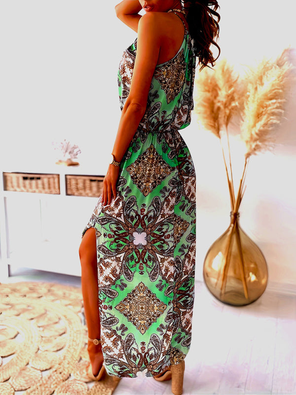 Blue Zone Planet |  Bohemian print halter neck waist slit dress women BLUE ZONE PLANET