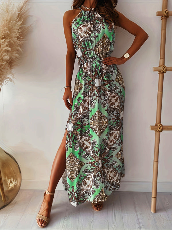 Blue Zone Planet |  Bohemian print halter neck waist slit dress women BLUE ZONE PLANET