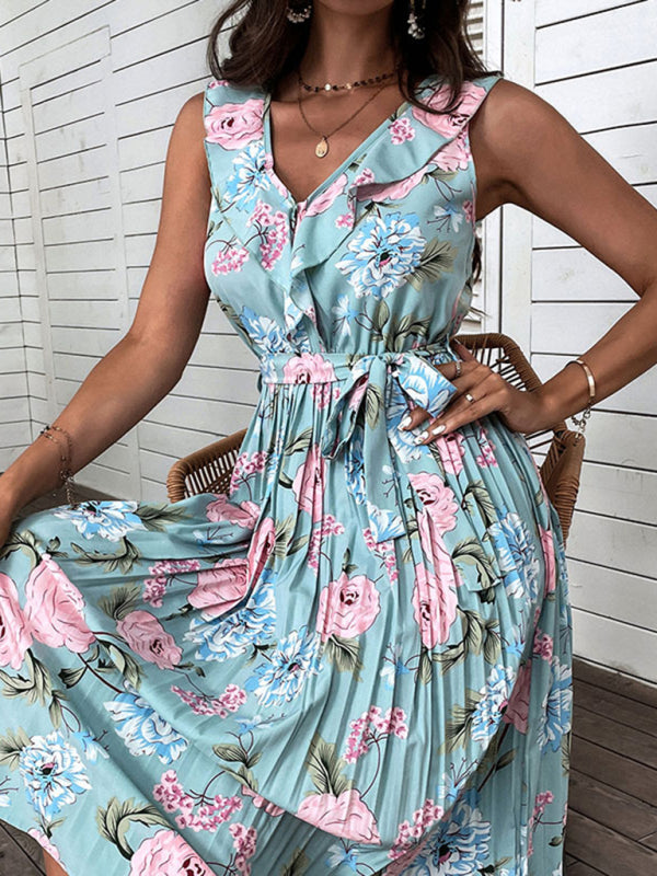 Blue Zone Planet |  New Beach Dress Blue Ruffle Flower Sling Dress BLUE ZONE PLANET
