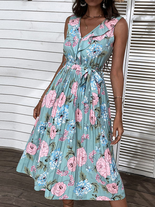 Blue Zone Planet |  New Beach Dress Blue Ruffle Flower Sling Dress BLUE ZONE PLANET