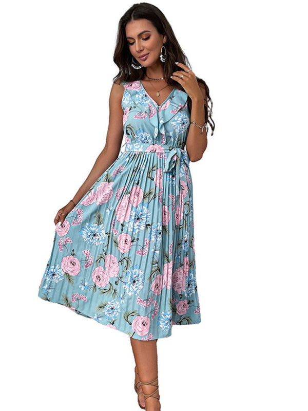 Blue Zone Planet |  New Beach Dress Blue Ruffle Flower Sling Dress BLUE ZONE PLANET