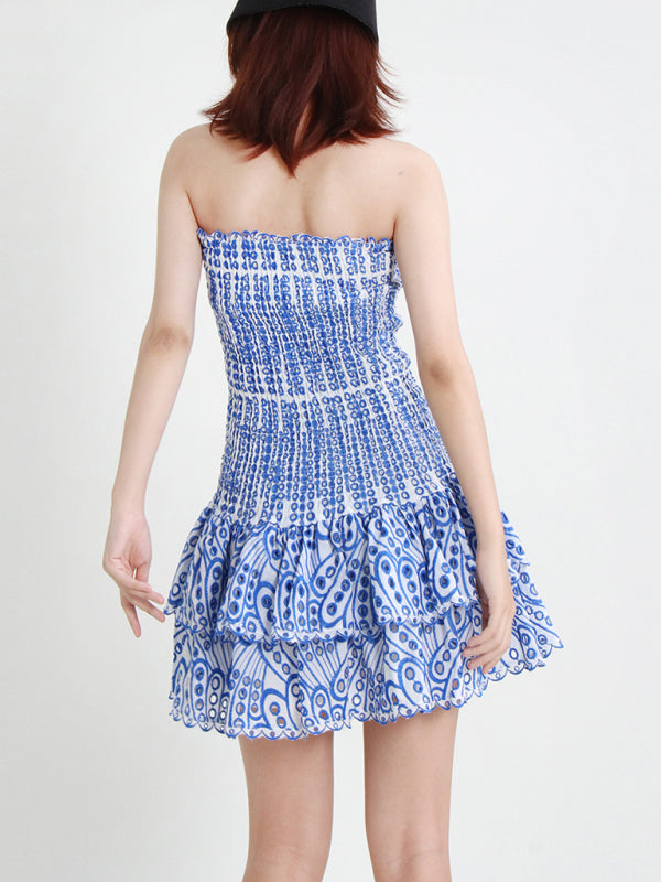 Blue Zone Planet | Strapless Slim Ruffle Hem Embroidered Mini Dress kakaclo