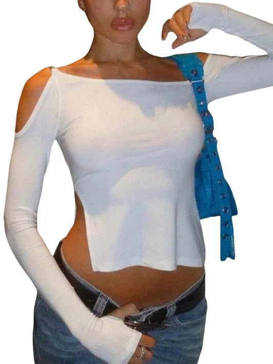 Long-Sleeved Round Neck One Shoulder Side Slit T-shirt kakaclo