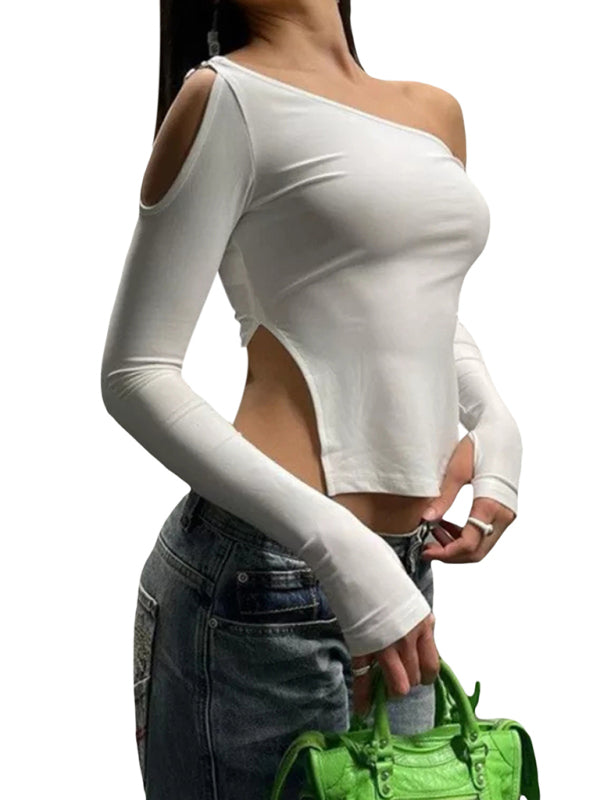 Long-Sleeved Round Neck One Shoulder Side Slit T-shirt kakaclo