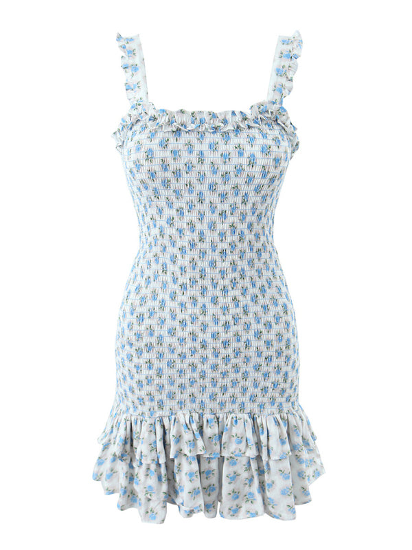 Blue Zone Planet |  French holiday style ruffled cake layered body elastic rose strap dress BLUE ZONE PLANET
