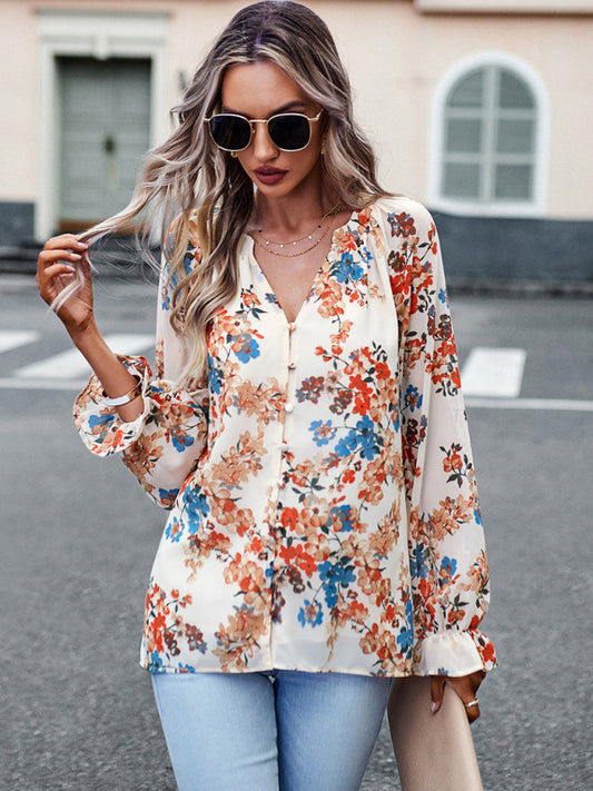 Blue Zone Planet |  Elegant floral print shirt with V-neck buttons blouse BLUE ZONE PLANET