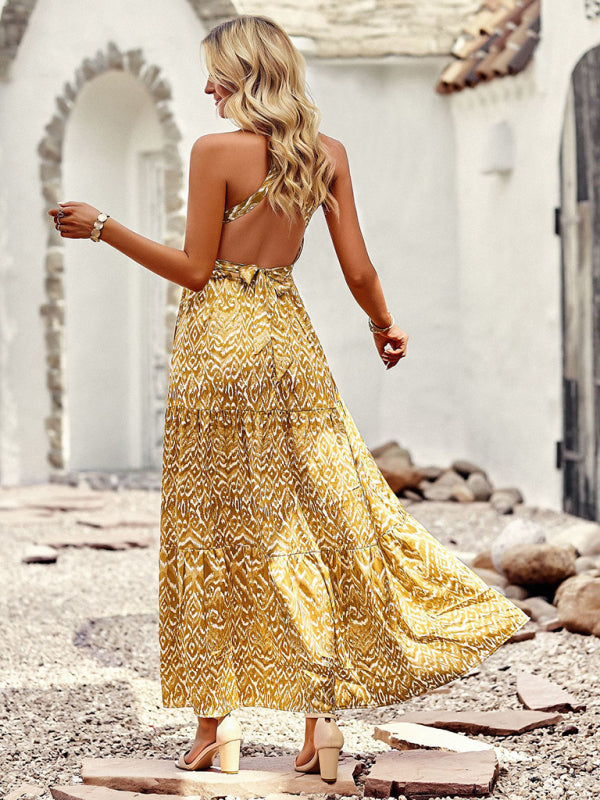 Bohemian Halter Neck Waist Design Pattern Holiday Dress kakaclo