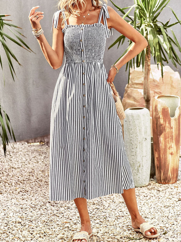 New striped elegant spaghetti strap dress-TOPS / DRESSES-[Adult]-[Female]-2022 Online Blue Zone Planet
