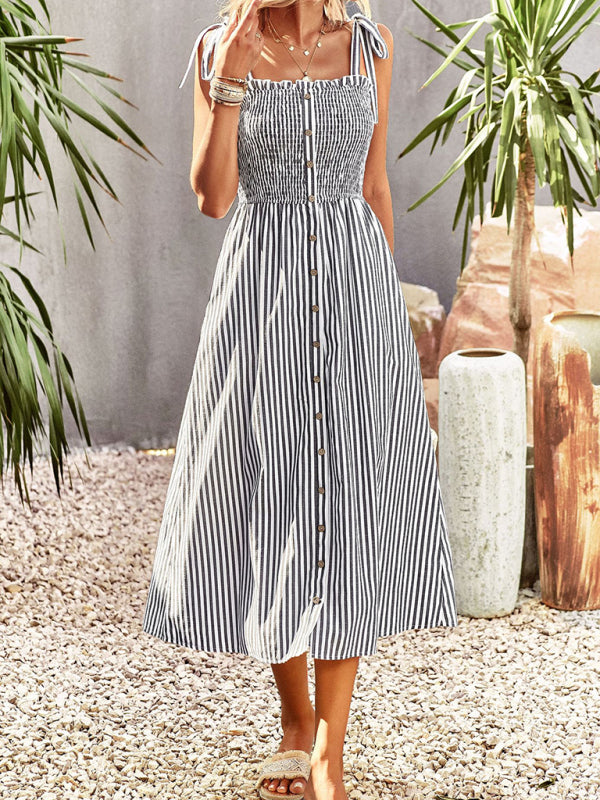 New striped elegant spaghetti strap dress-TOPS / DRESSES-[Adult]-[Female]-2022 Online Blue Zone Planet
