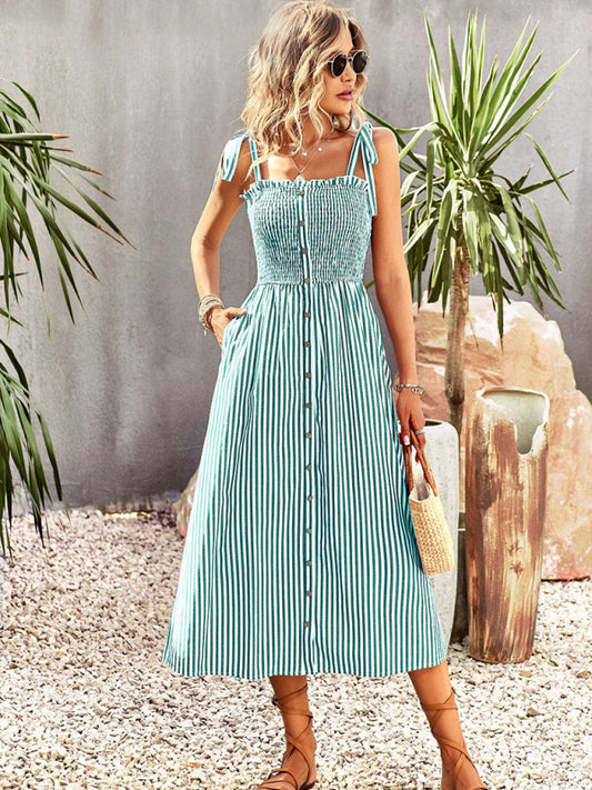 New striped elegant spaghetti strap dress-TOPS / DRESSES-[Adult]-[Female]-Deep green-S-2022 Online Blue Zone Planet