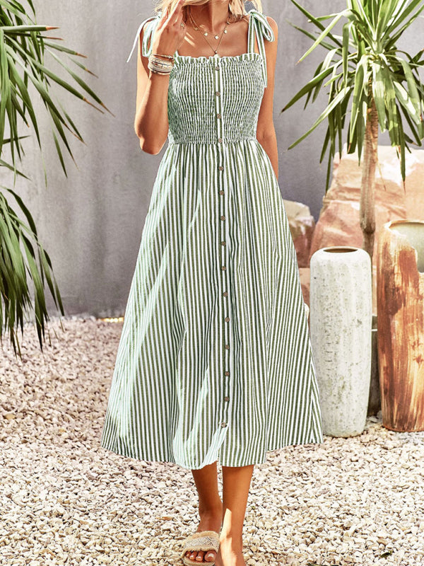 New striped elegant spaghetti strap dress-TOPS / DRESSES-[Adult]-[Female]-2022 Online Blue Zone Planet