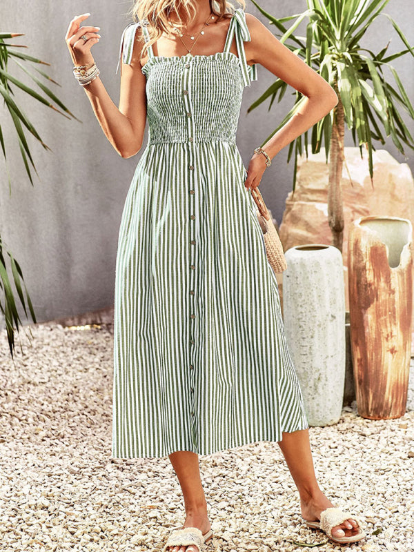 New striped elegant spaghetti strap dress-TOPS / DRESSES-[Adult]-[Female]-2022 Online Blue Zone Planet