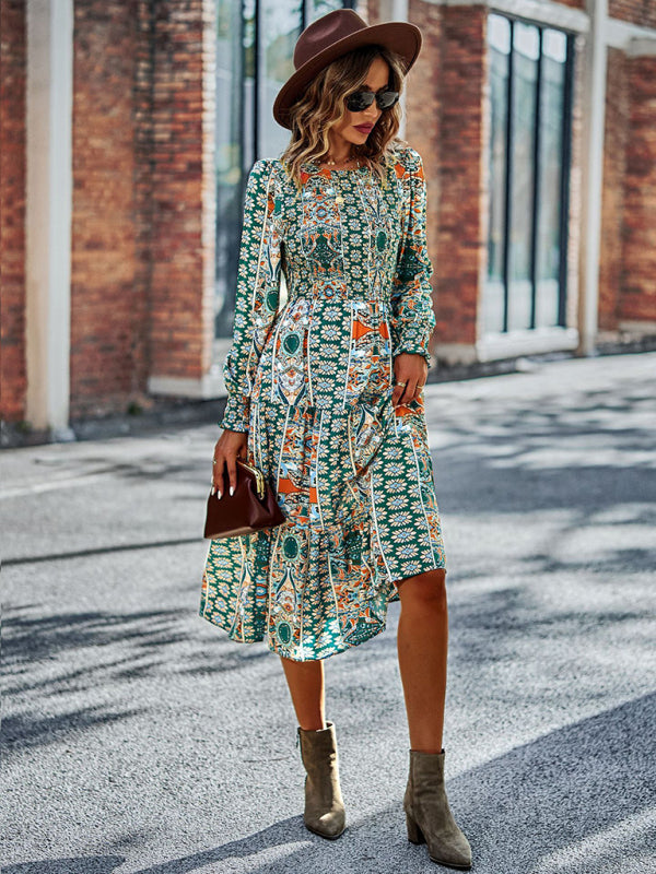 Blue Zone Planet | Bohemian Round Neck Dress Spring and Autumn Seasons Arrival Swing Skirt kakaclo