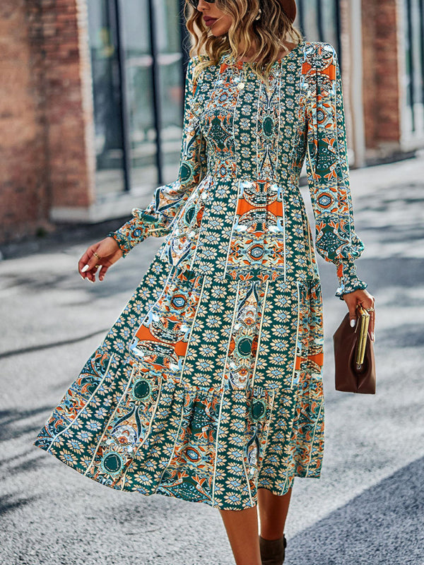 Blue Zone Planet | Bohemian Round Neck Dress Spring and Autumn Seasons Arrival Swing Skirt kakaclo