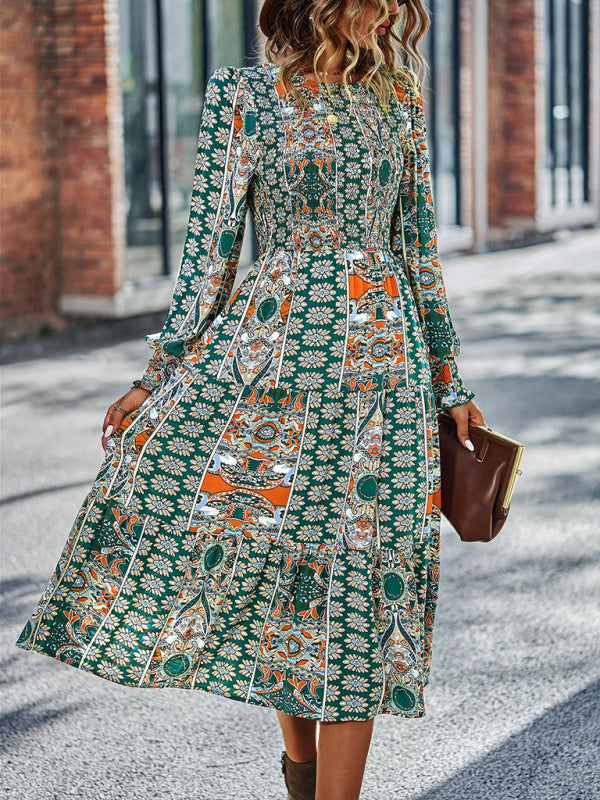 Blue Zone Planet | Bohemian Round Neck Dress Spring and Autumn Seasons Arrival Swing Skirt kakaclo