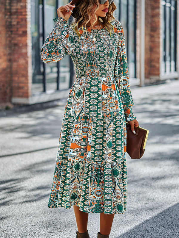 Blue Zone Planet | Bohemian Round Neck Dress Spring and Autumn Seasons Arrival Swing Skirt kakaclo