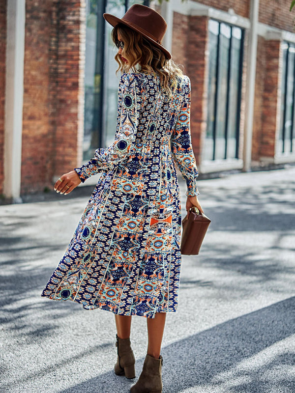 Blue Zone Planet | Bohemian Round Neck Dress Spring and Autumn Seasons Arrival Swing Skirt kakaclo