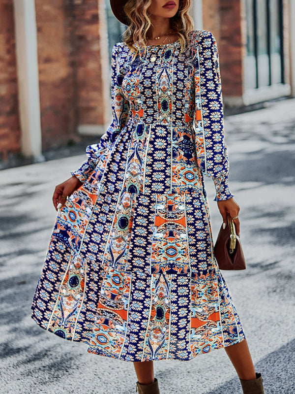 Blue Zone Planet | Bohemian Round Neck Dress Spring and Autumn Seasons Arrival Swing Skirt kakaclo