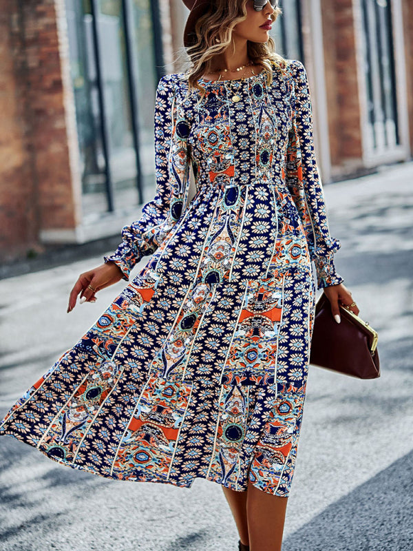 Blue Zone Planet | Bohemian Round Neck Dress Spring and Autumn Seasons Arrival Swing Skirt kakaclo