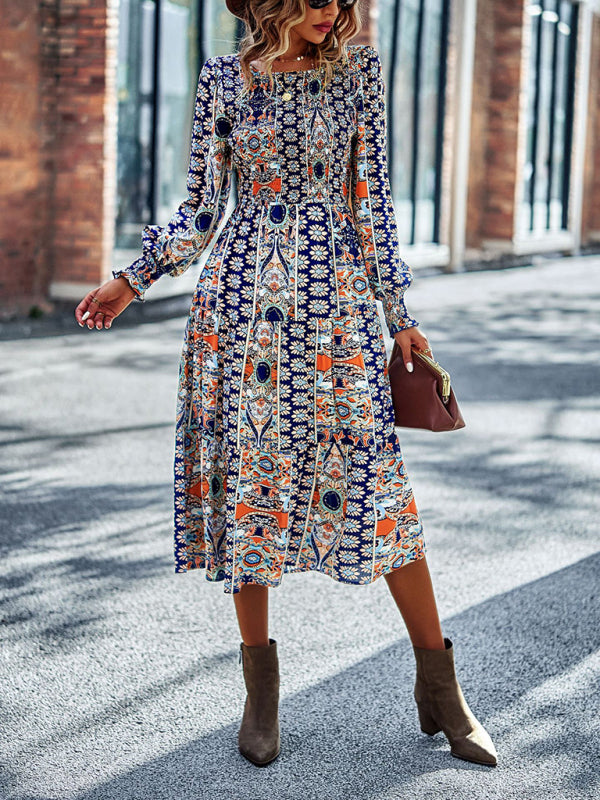 Blue Zone Planet | Bohemian Round Neck Dress Spring and Autumn Seasons Arrival Swing Skirt kakaclo