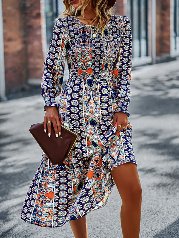 Blue Zone Planet | Bohemian Round Neck Dress Spring and Autumn Seasons Arrival Swing Skirt kakaclo