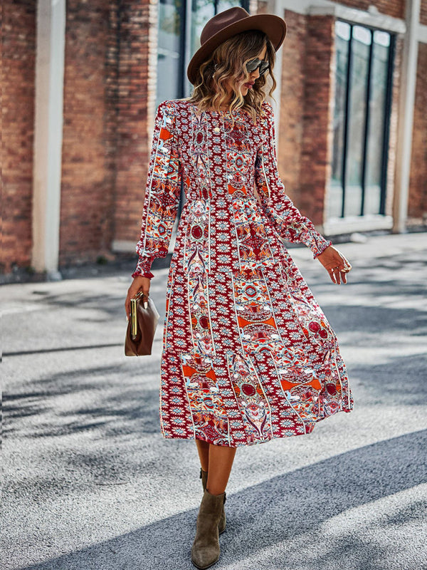 Blue Zone Planet | Bohemian Round Neck Dress Spring and Autumn Seasons Arrival Swing Skirt kakaclo