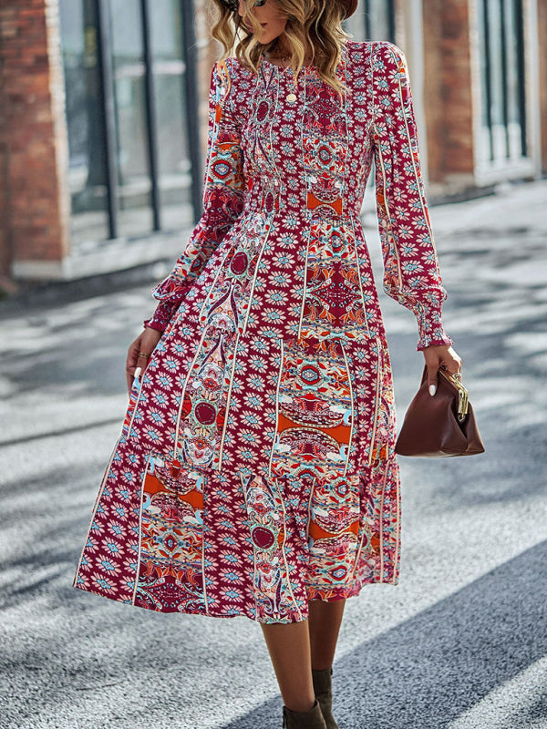 Blue Zone Planet | Bohemian Round Neck Dress Spring and Autumn Seasons Arrival Swing Skirt kakaclo