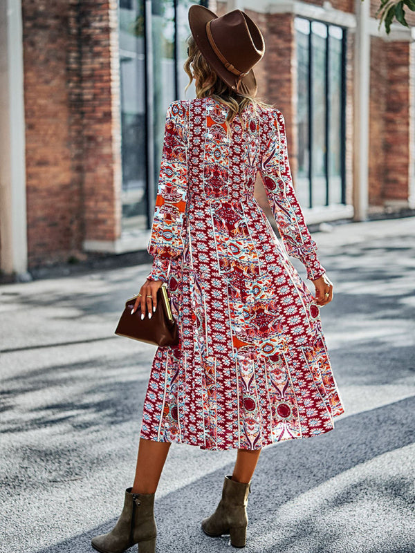 Blue Zone Planet | Bohemian Round Neck Dress Spring and Autumn Seasons Arrival Swing Skirt kakaclo