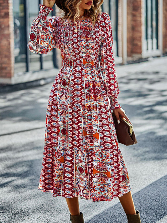 Blue Zone Planet | Bohemian Round Neck Dress Spring and Autumn Seasons Arrival Swing Skirt kakaclo