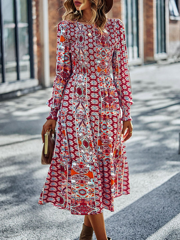 Blue Zone Planet | Bohemian Round Neck Dress Spring and Autumn Seasons Arrival Swing Skirt kakaclo