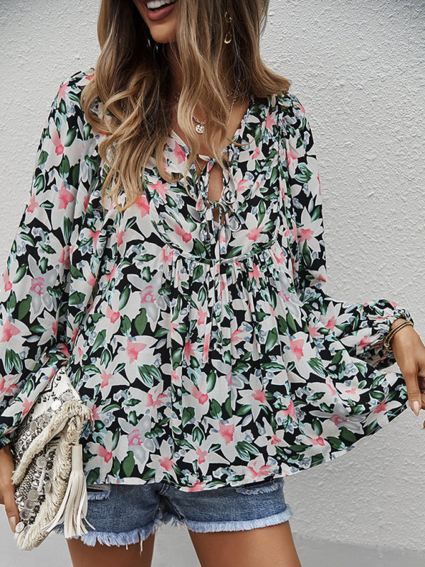 Blue Zone Planet | style holiday style floral long-sleeved tie shirt top BLUE ZONE PLANET