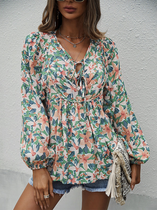 Blue Zone Planet | style holiday style floral long-sleeved tie shirt top BLUE ZONE PLANET