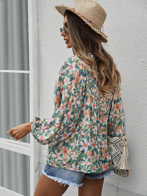 Blue Zone Planet | style holiday style floral long-sleeved tie shirt top BLUE ZONE PLANET