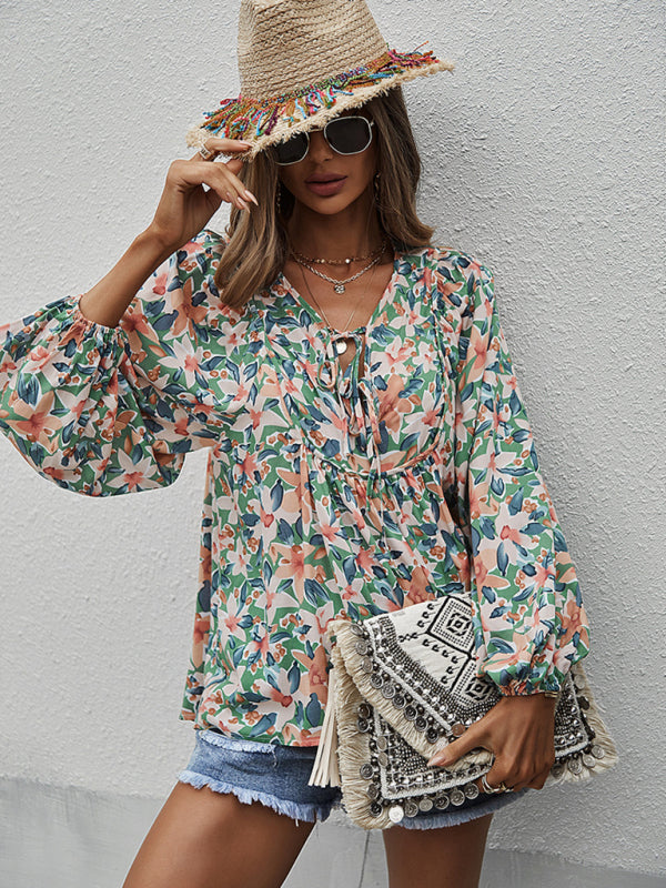 Blue Zone Planet | style holiday style floral long-sleeved tie shirt top BLUE ZONE PLANET