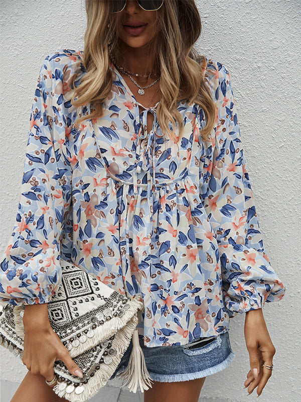 Blue Zone Planet | style holiday style floral long-sleeved tie shirt top BLUE ZONE PLANET