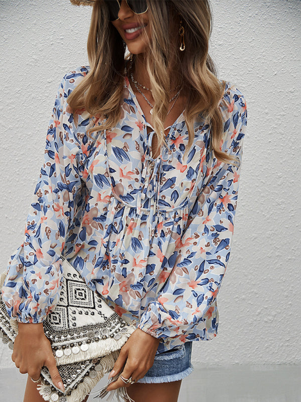 Blue Zone Planet | style holiday style floral long-sleeved tie shirt top BLUE ZONE PLANET