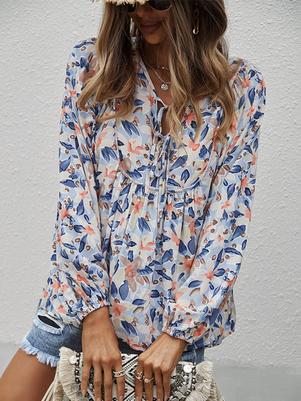 Blue Zone Planet | style holiday style floral long-sleeved tie shirt top BLUE ZONE PLANET