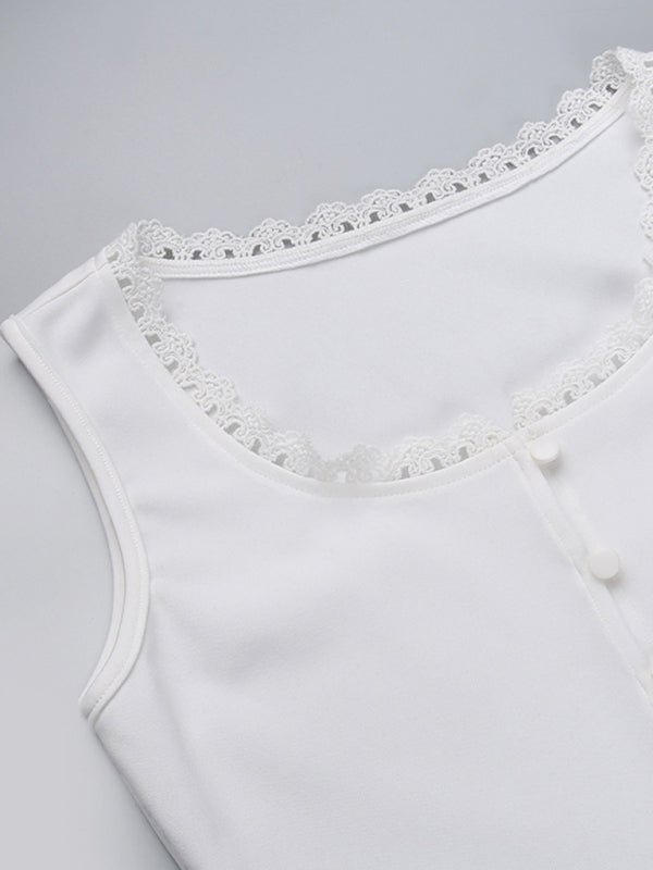 Blue Zone Planet |  Sling lace square collar button vest design all-match solid color top BLUE ZONE PLANET