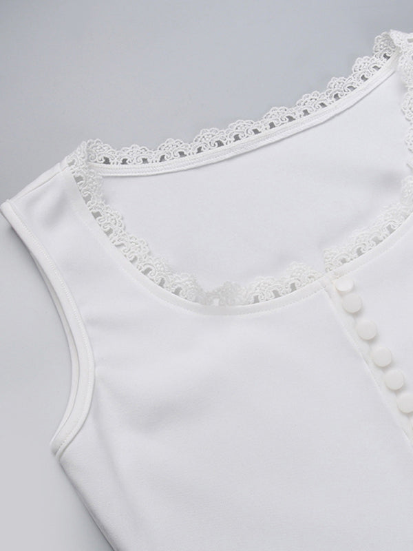 Blue Zone Planet |  Sling lace square collar button vest design all-match solid color top BLUE ZONE PLANET
