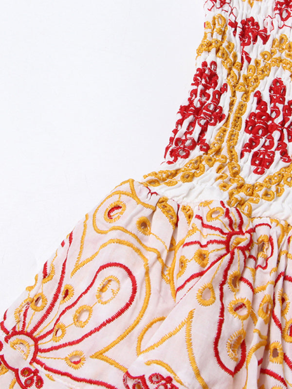 New sexy tube top embroidery hollow ruffle dress with waist slimming printed slim skirt kakaclo