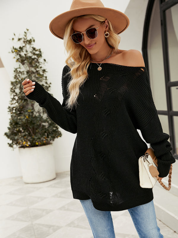 Blue Zone Planet |  Fashion Solid Color Button Rope Knit Loose Pullover Sweater BLUE ZONE PLANET